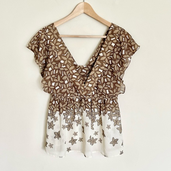 Vintage Fossil Falling Leaves Brown / Cream Flowy Mini Dress Top Women’s Small - Picture 2 of 9
